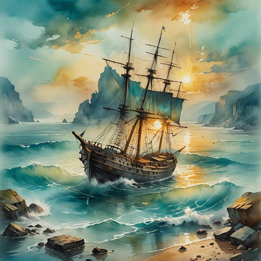 Coastal Shipwreck in Watercolour Concept Art