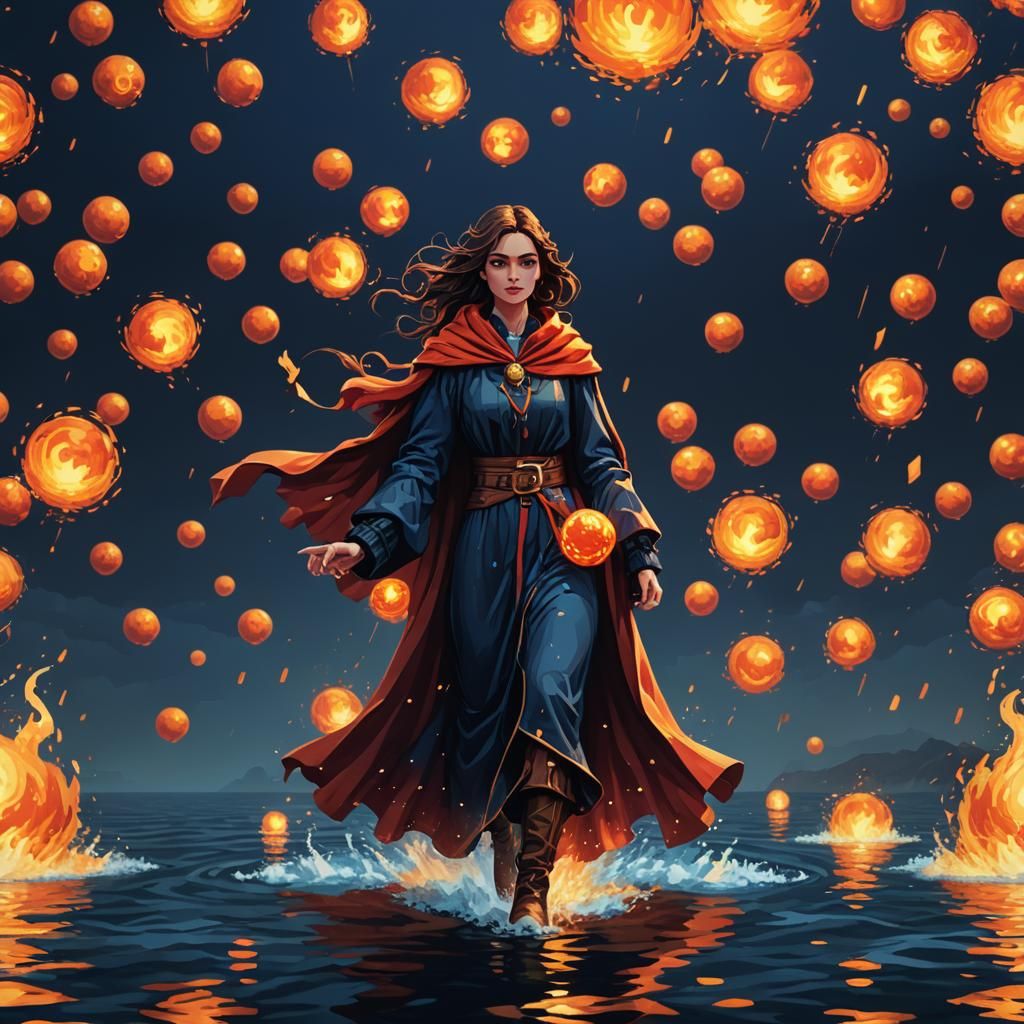 Fiery Woman Walks on Water: Pixel Art