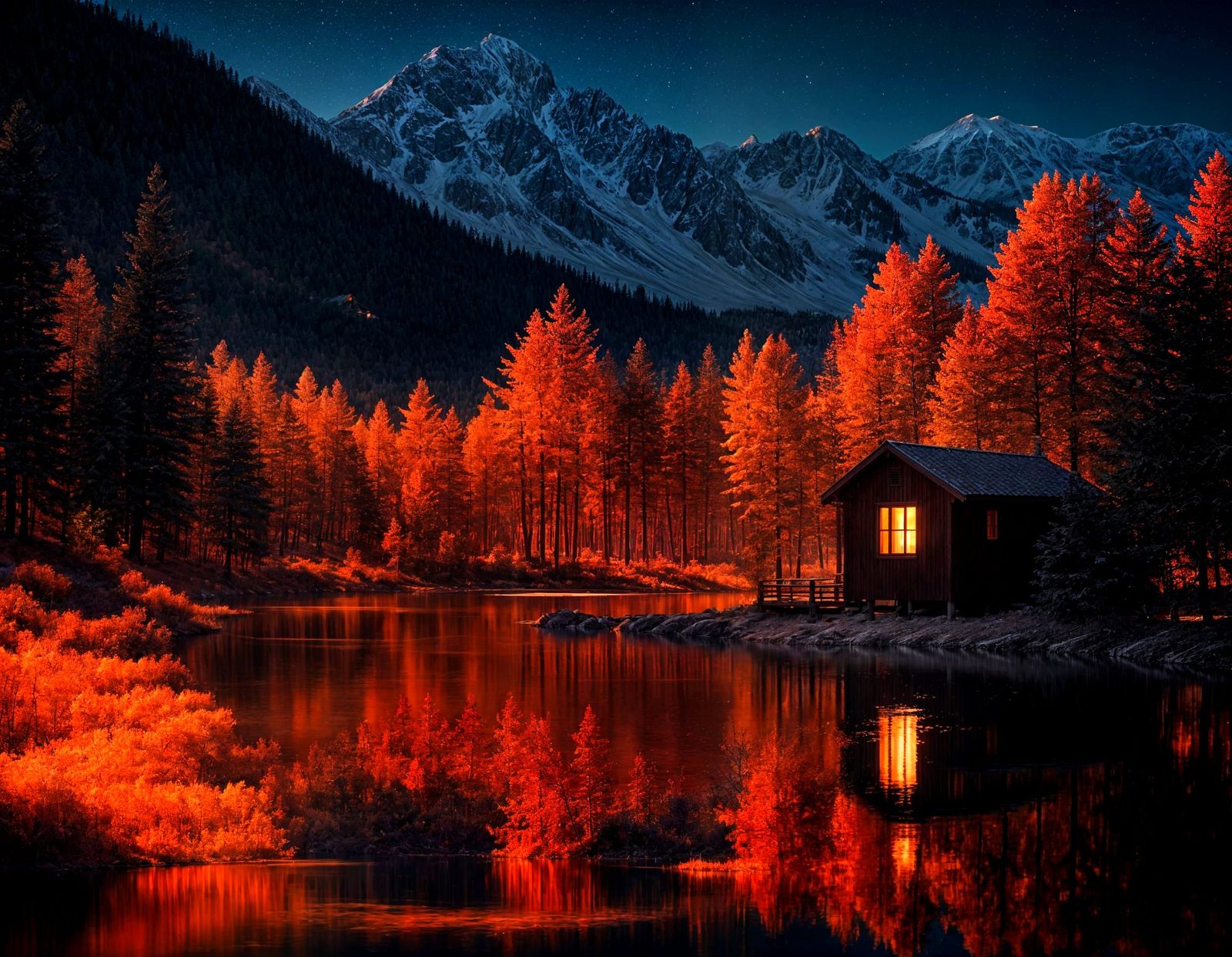 Eerie Red Moonlight Glow Over Cabin Lake