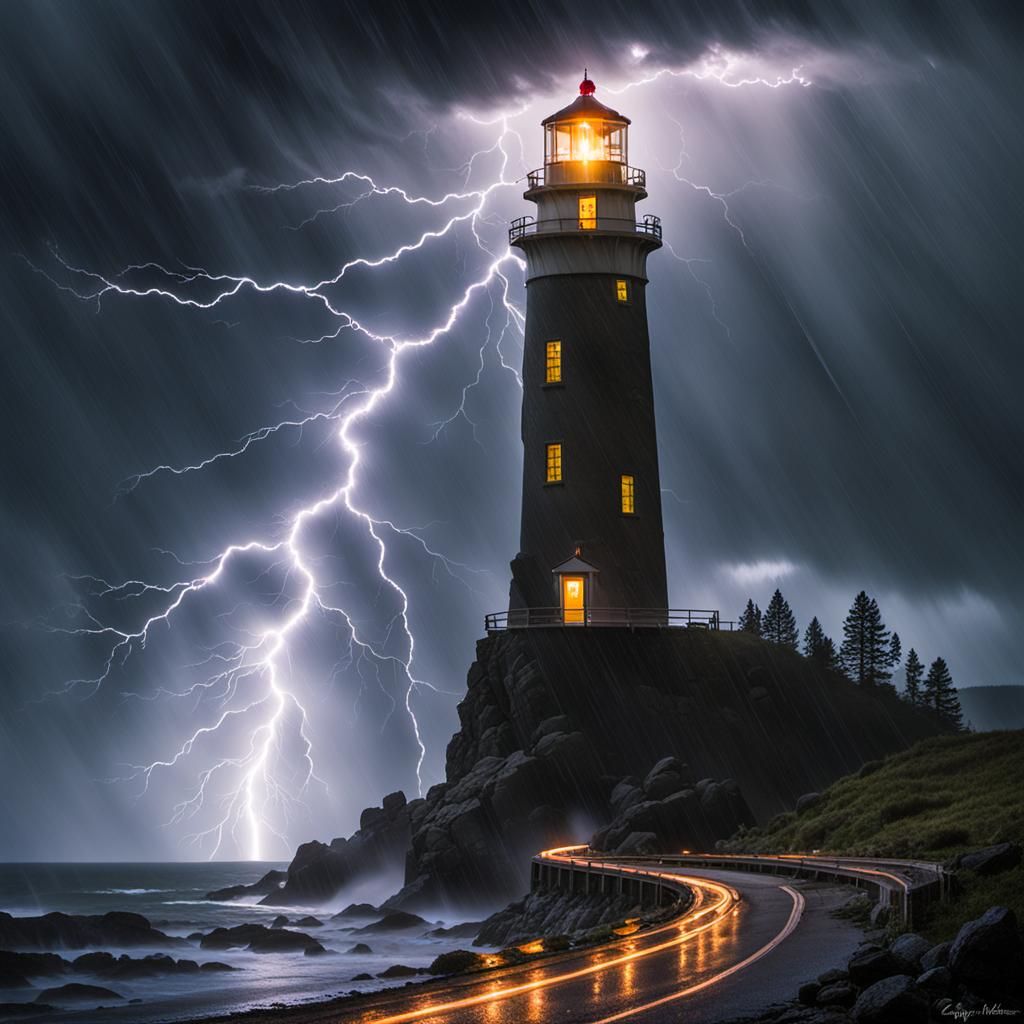 Lightning striking lighthouse tower during a driving rain ne...