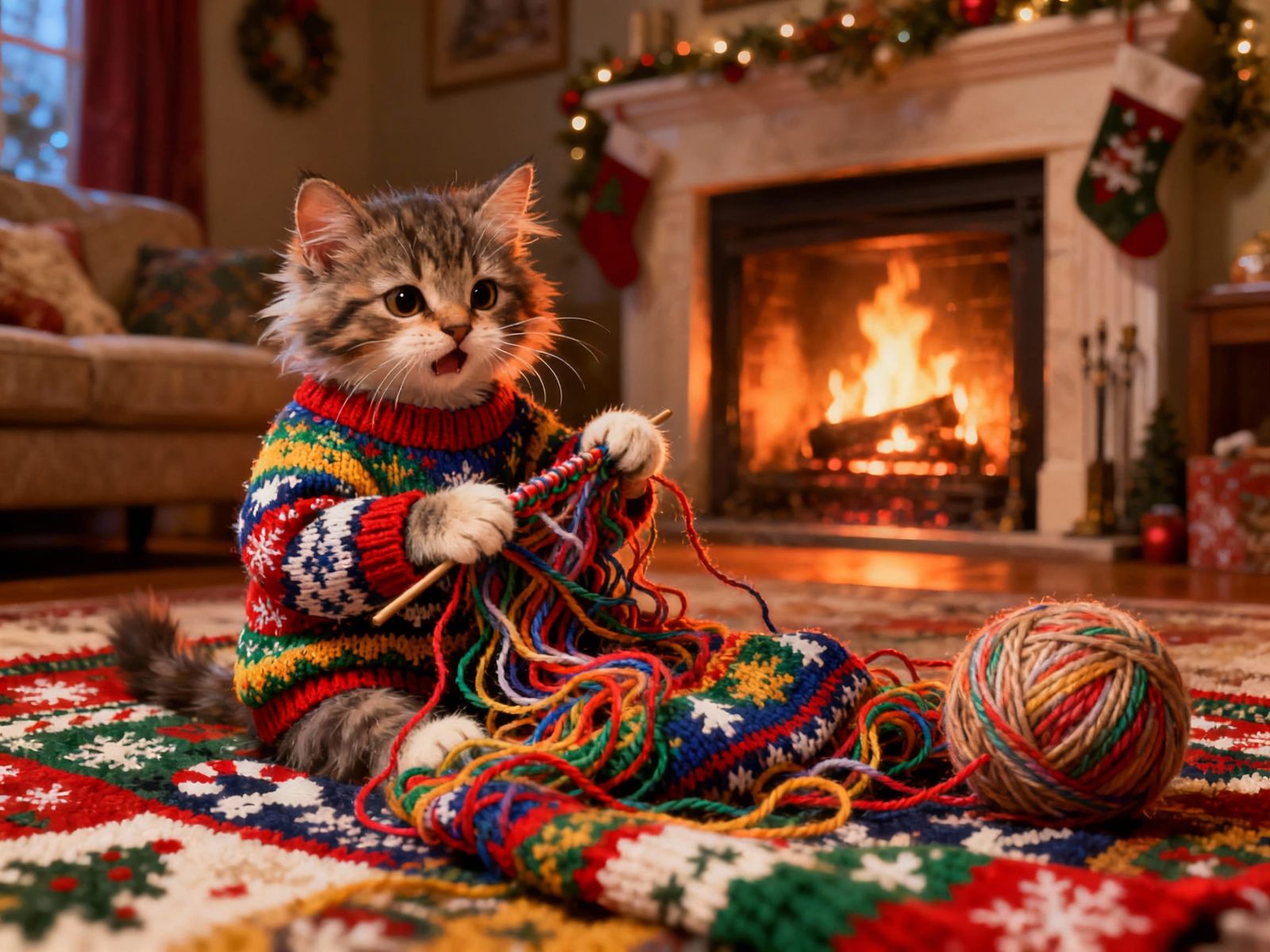 Kitten Hilariously Tangled Knitting Ugly Christmas Sweater
