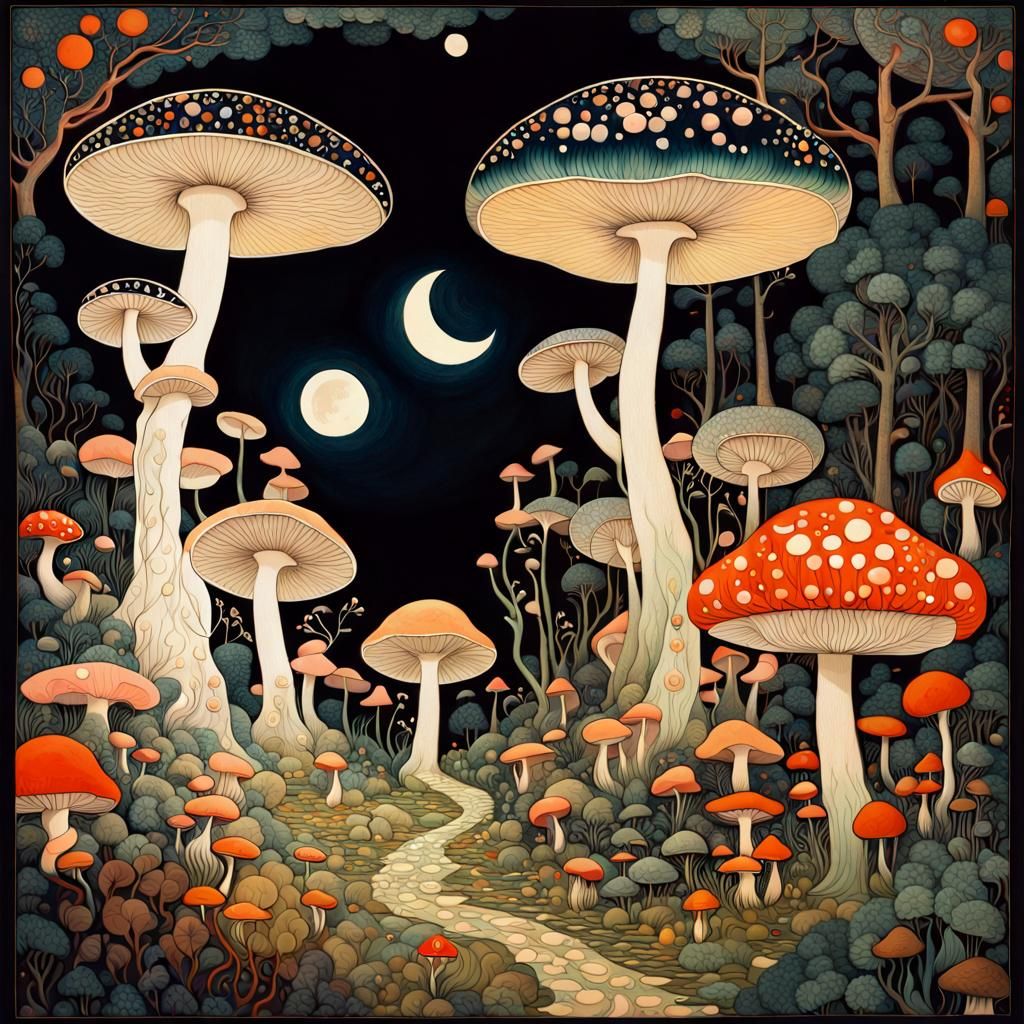 Mushroom Forest in Wonderland with Ornate Moon