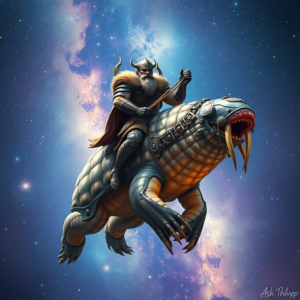 Viking Rides Tardigrade Through Milky Way: Digital Art