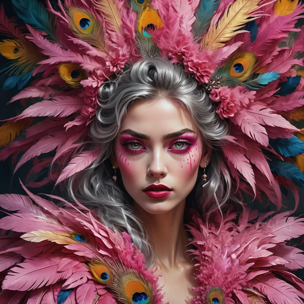 Fantastical Woman with Peacock Feathers in Art Nouveau Style