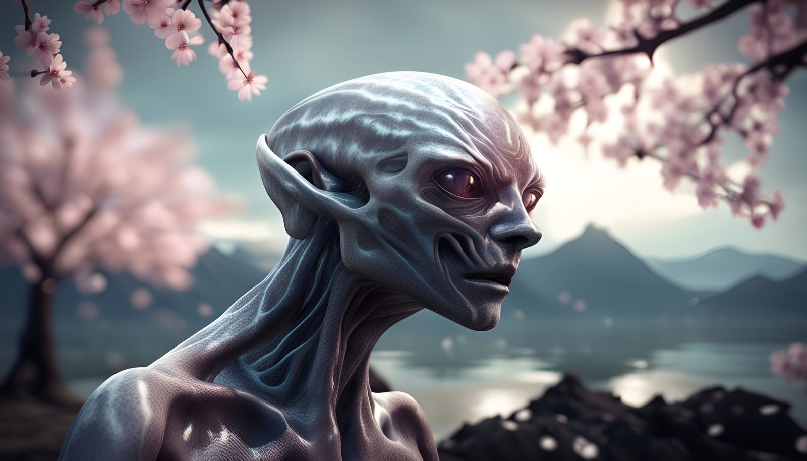 Alien Creature Crawling Under Cherry Blossom Tree