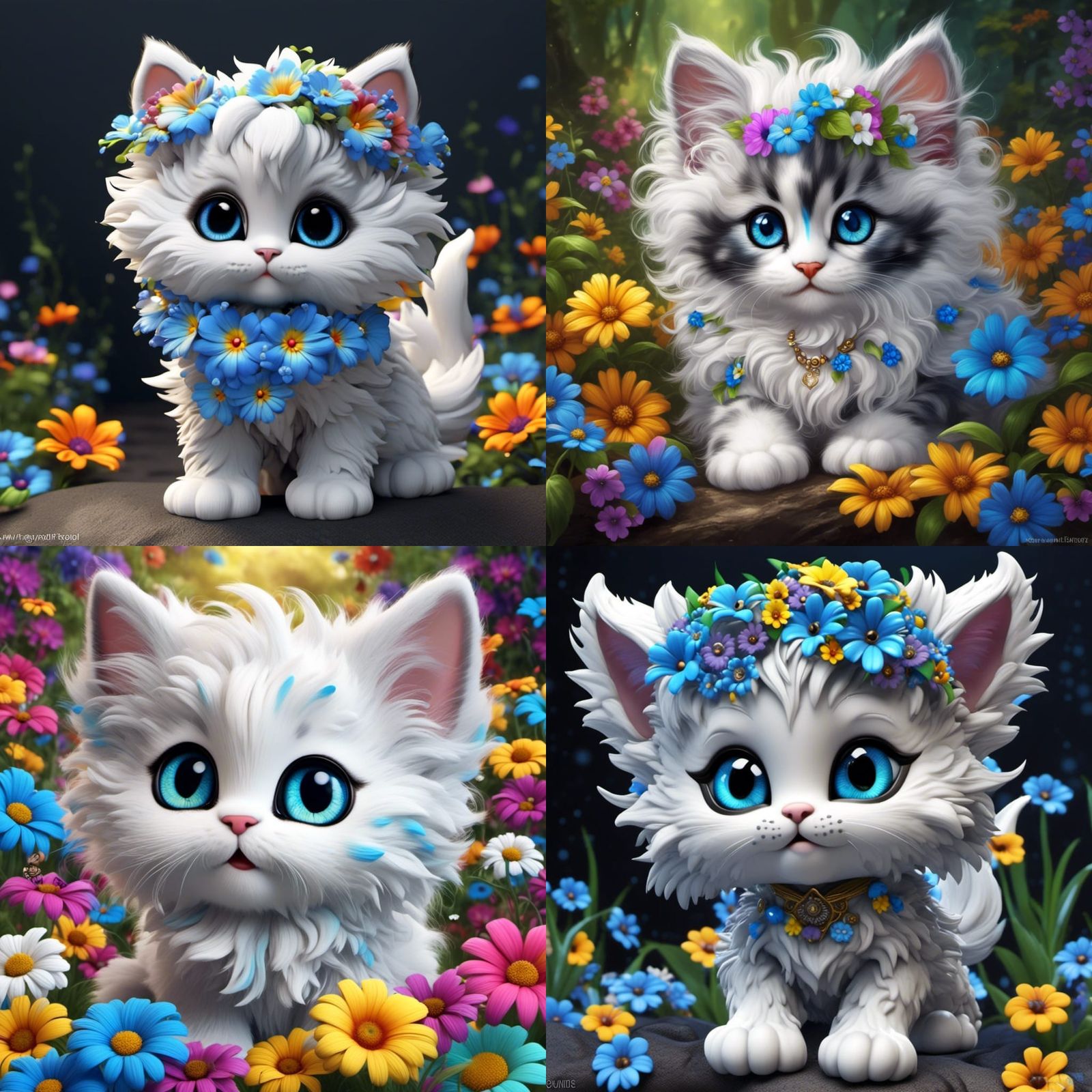 Fluffy Chibi Kitten Covered in Flowers