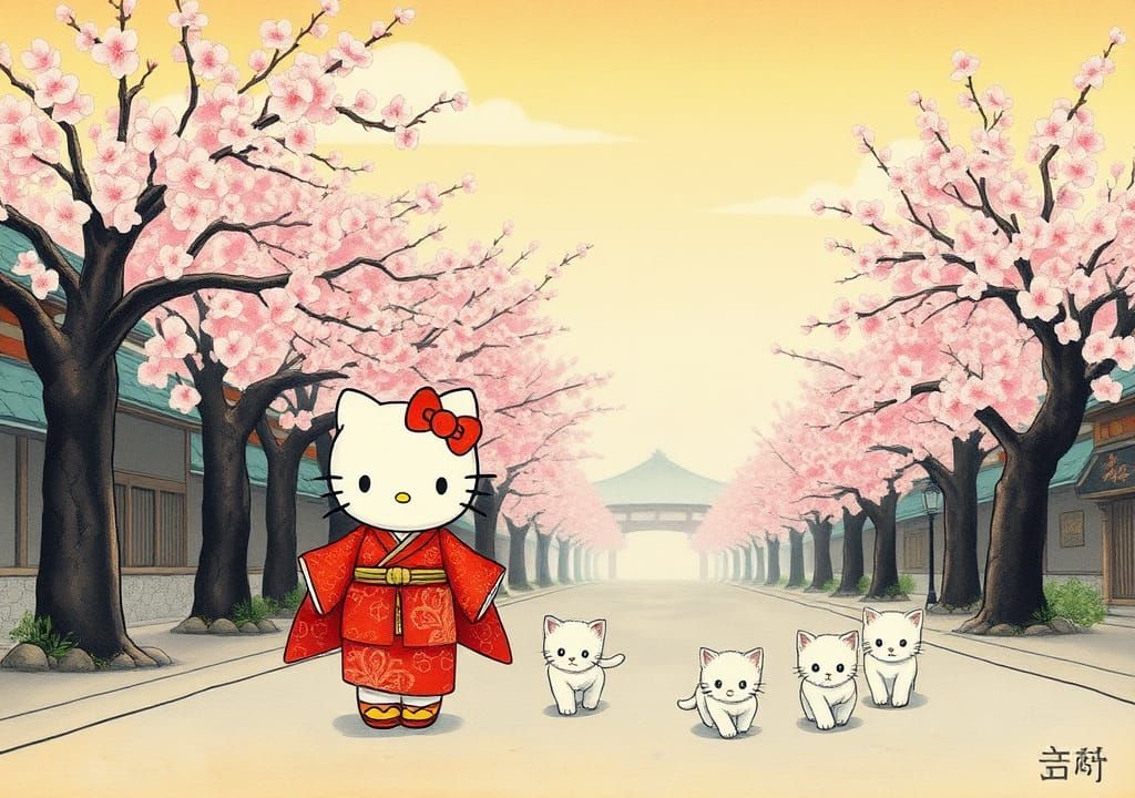 Hello Kitty in Ukiyo-e Style Cherry Blossom Scene