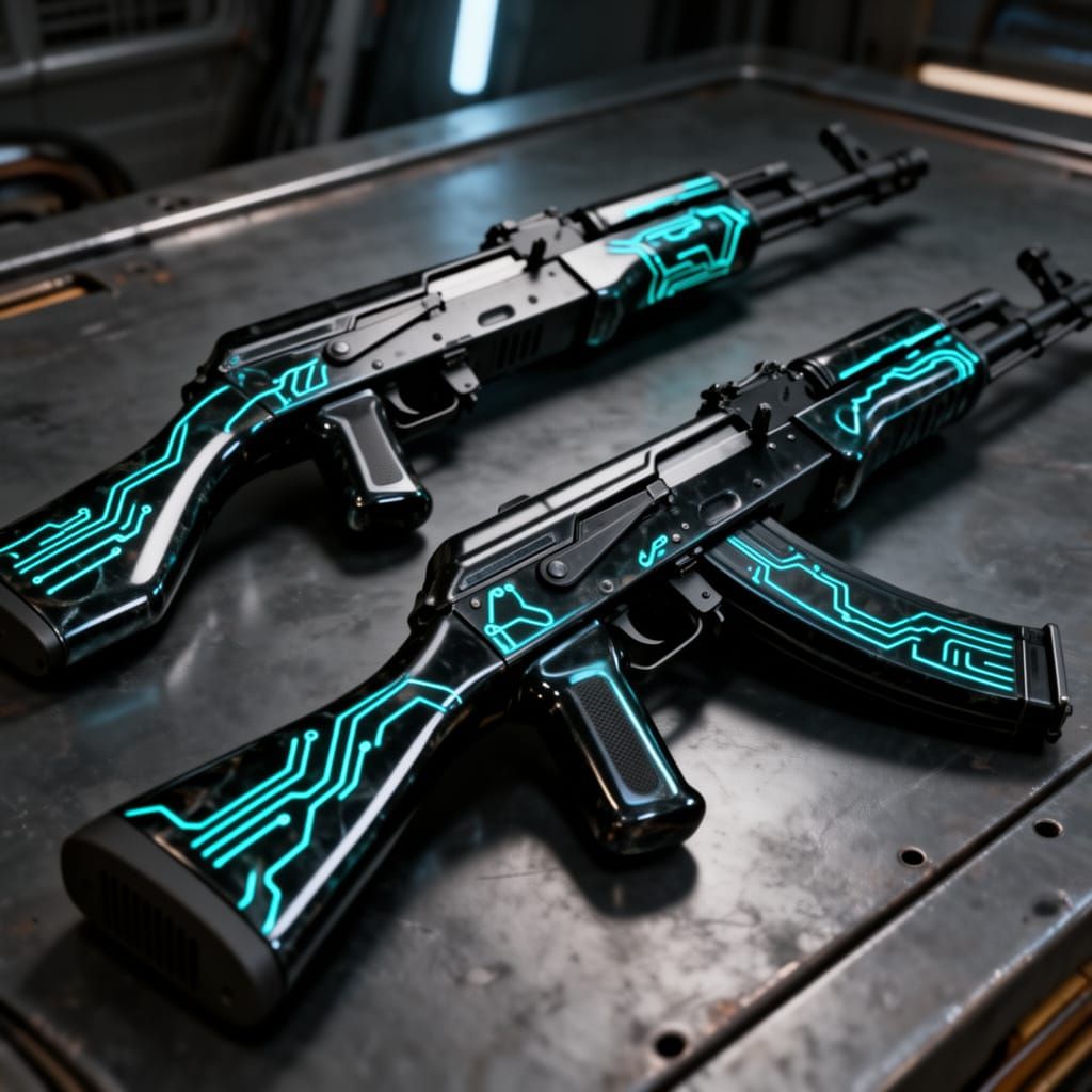 Futuristic Shotgun and AK-47 in High-Tech Warfare Style