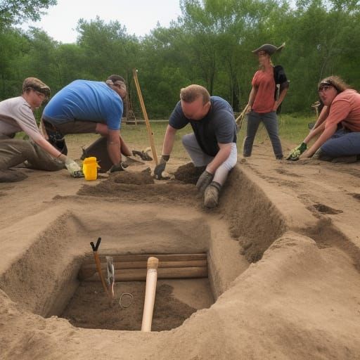 Archeological Dig Site with Explorers and Equipment