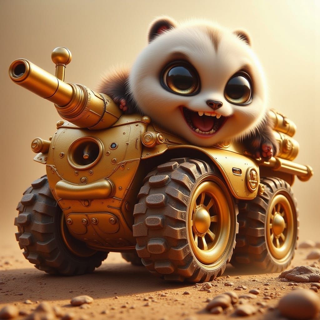 Panda Races Rose Tank in Mad Max Comic Style