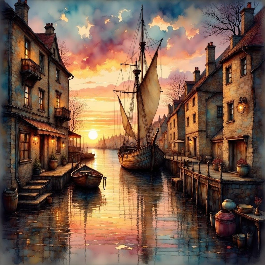 Ancient Harbour Scene with Majestic Sailing Ship