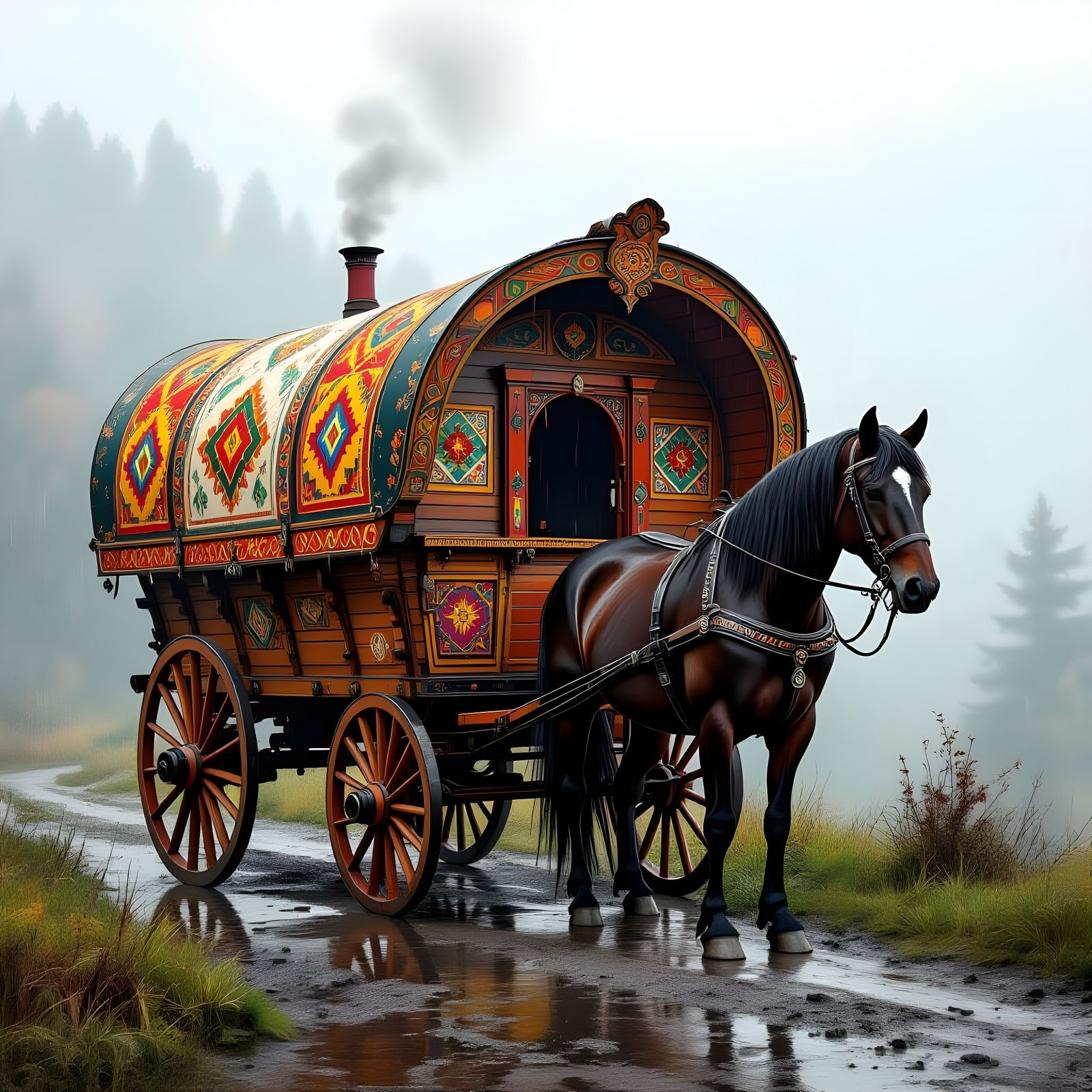 Gypsy Wagon and Black Horse in Rain