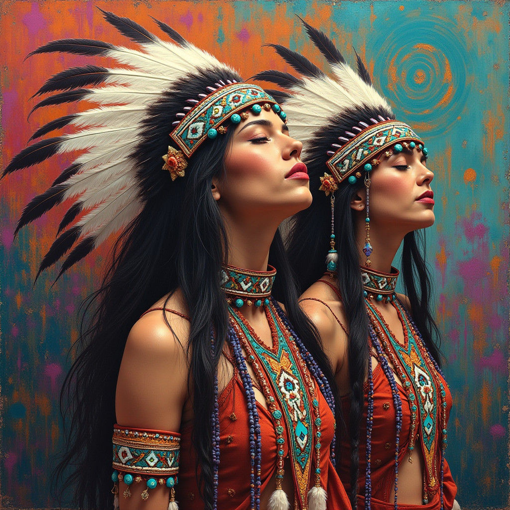 Psychedelic Native American Women in Traditional Regalia