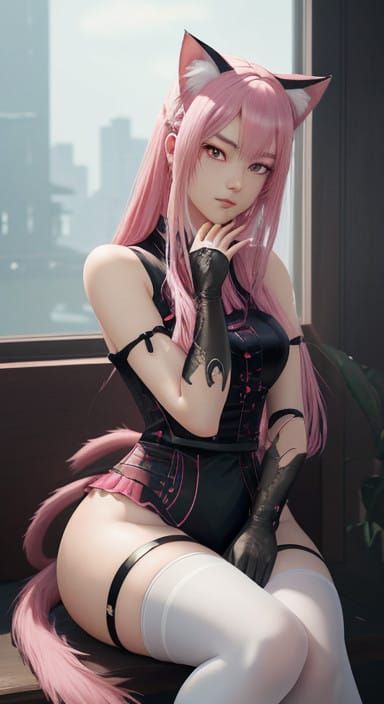 Serene Anime Goddess with Fluffy Feline Features