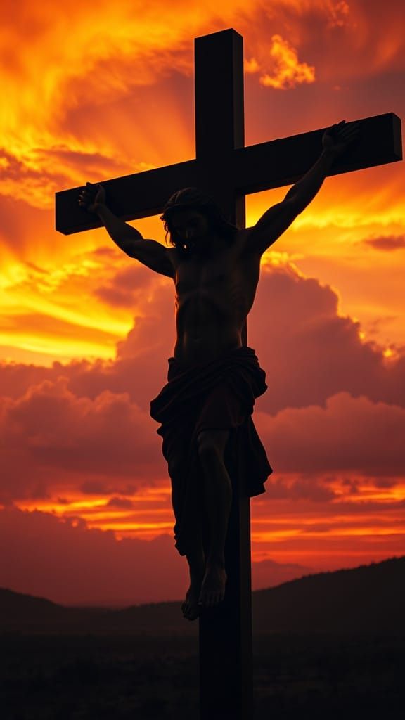 Jesus Christ Silhouetted Against a Dramatic Sunset Sky