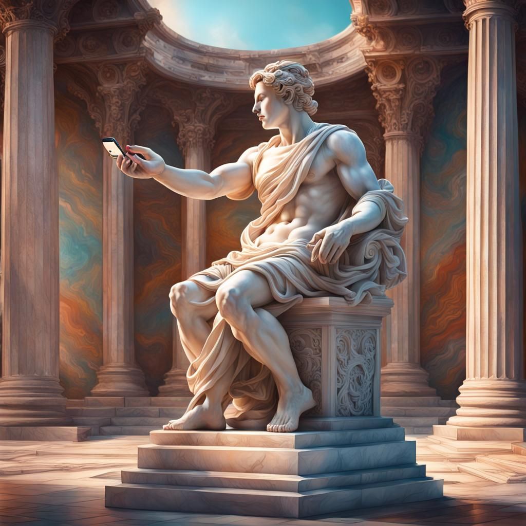 Hyperrealistic Roman Statue with Marble Cell Phone