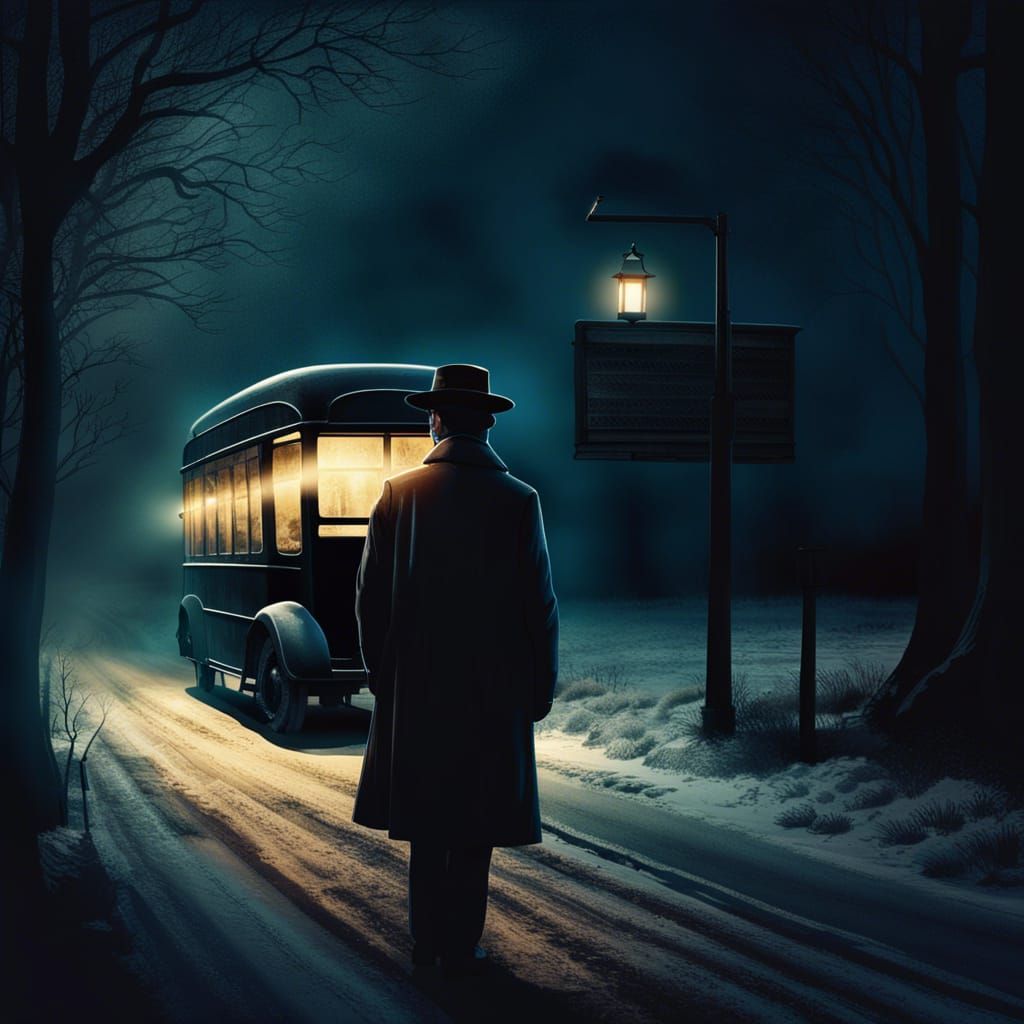 Edwardian Man Waiting for Bus on Winter Night