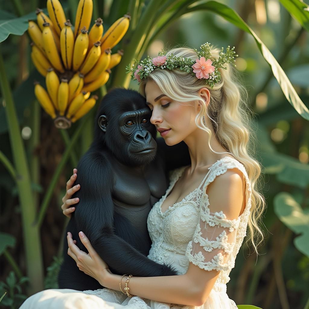 Woman and Gorilla in Jungle, Pre-Raphaelite Style