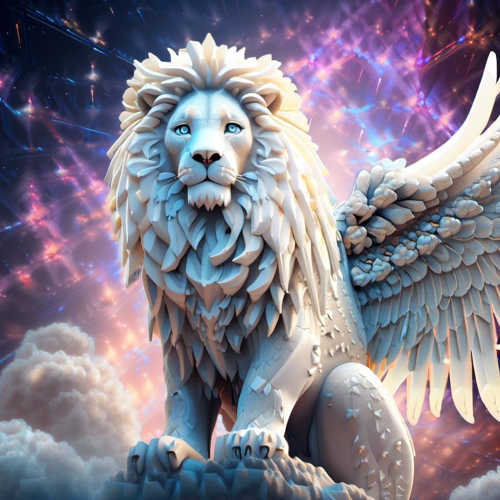 Angelic White Lion with Galaxy Background
