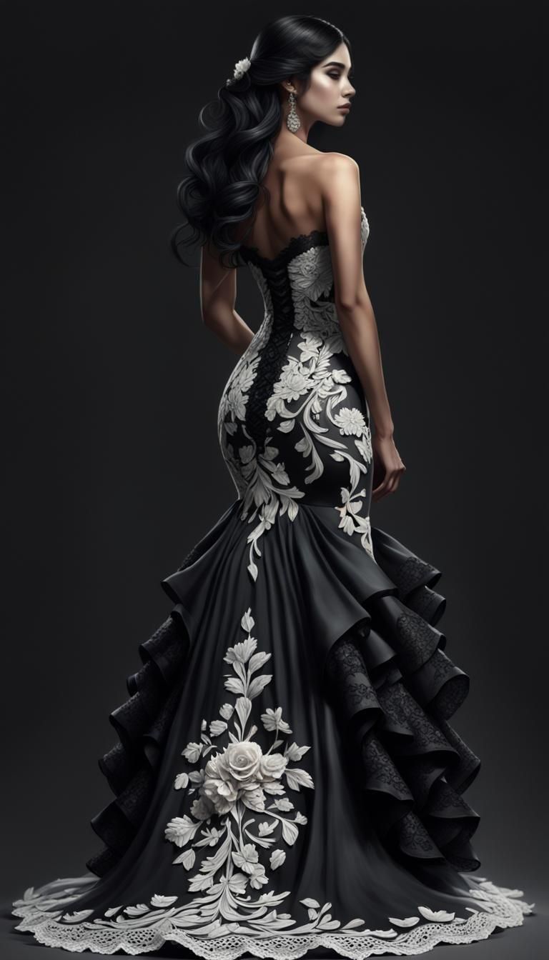Mexican Woman in Strapless Black and White Gown