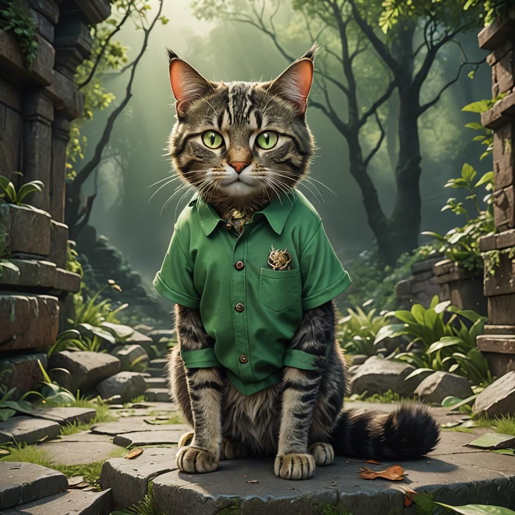 Cat in Green Shirt: Detailed Fantasy Art
