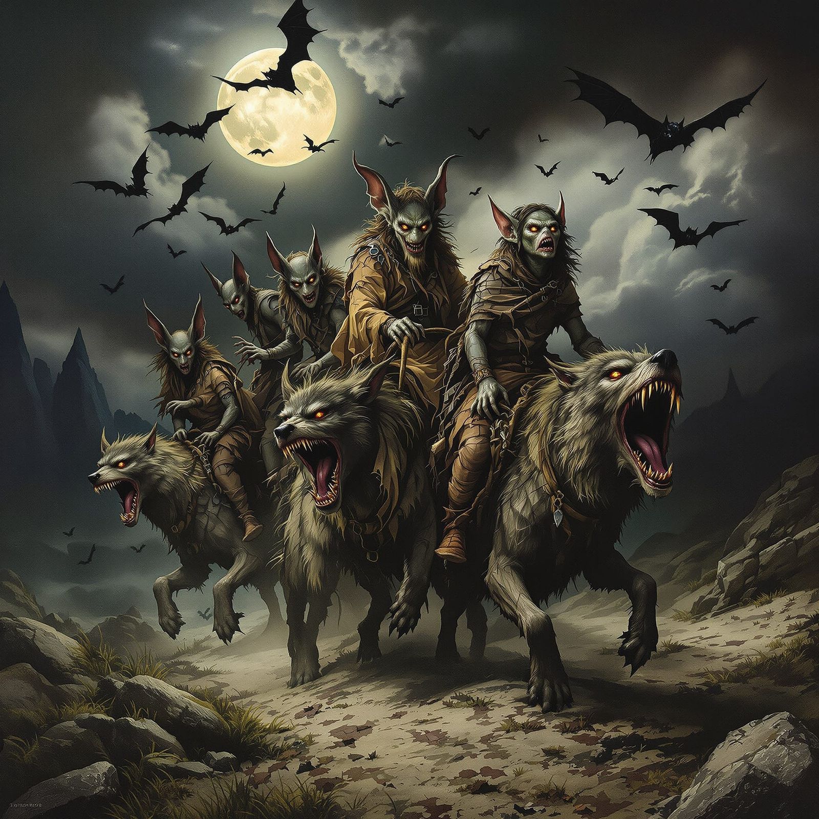 Goblin Riders in Moonlit Landscape: Surrealist Style