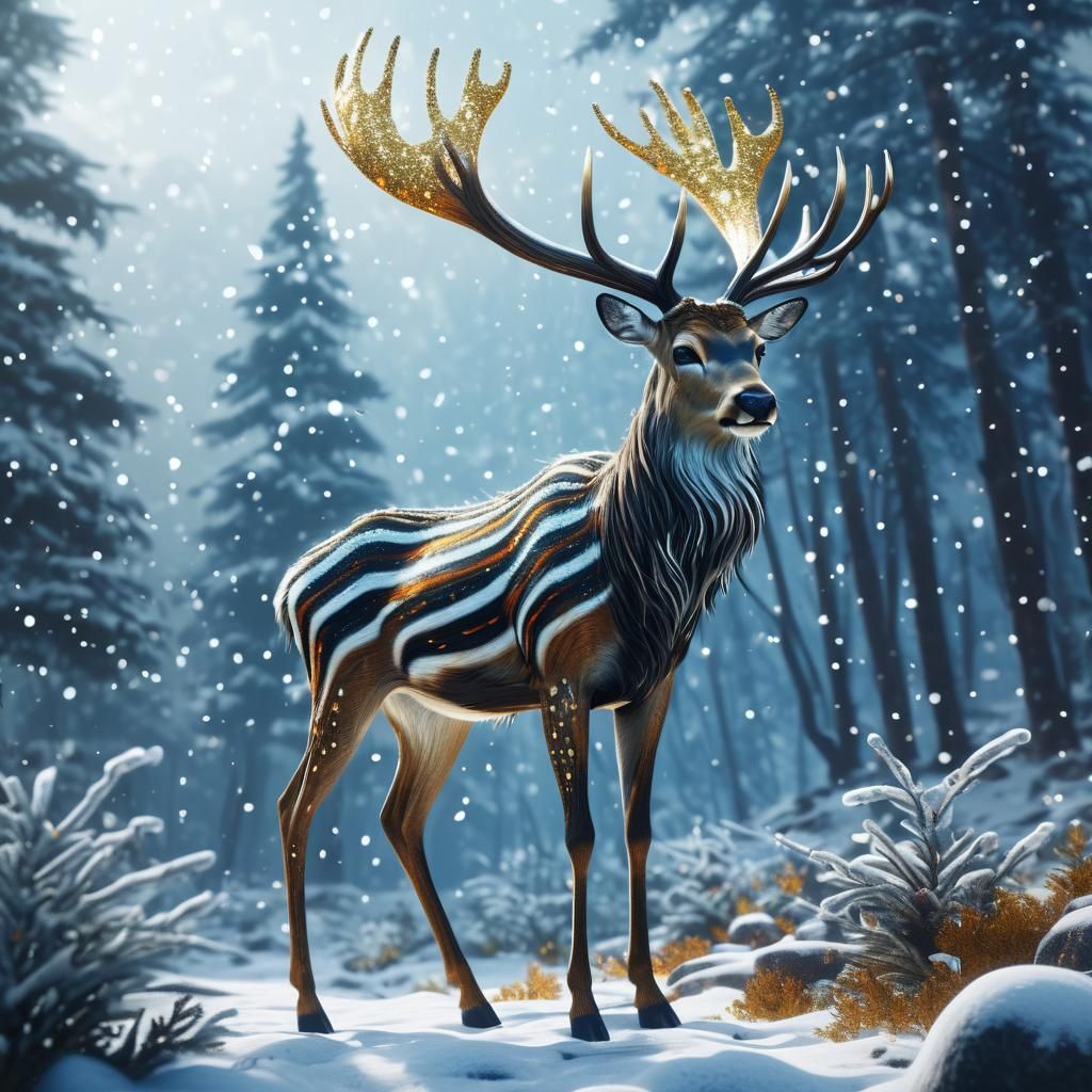 Winged Striped Stag in Snowy Landscape