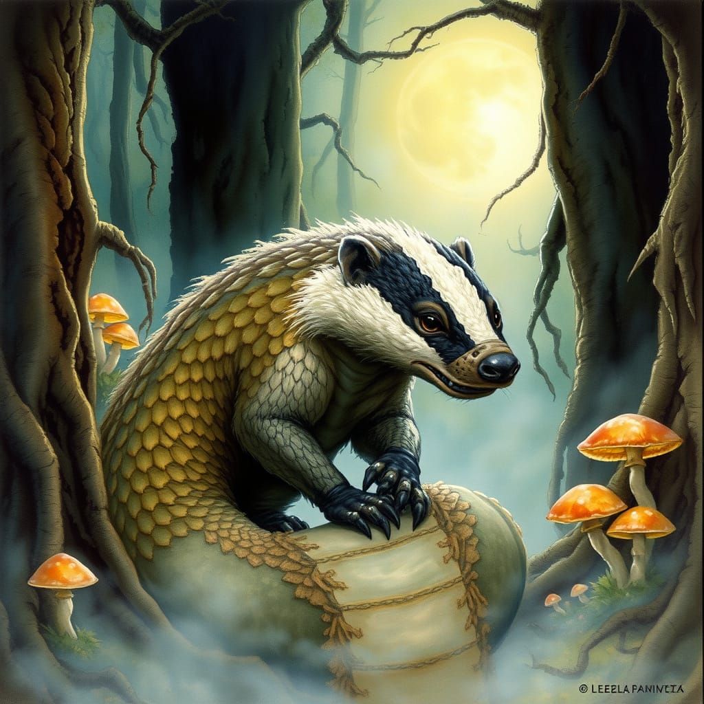 Fantastical Badger Serpent Blends into Moonlit Forest