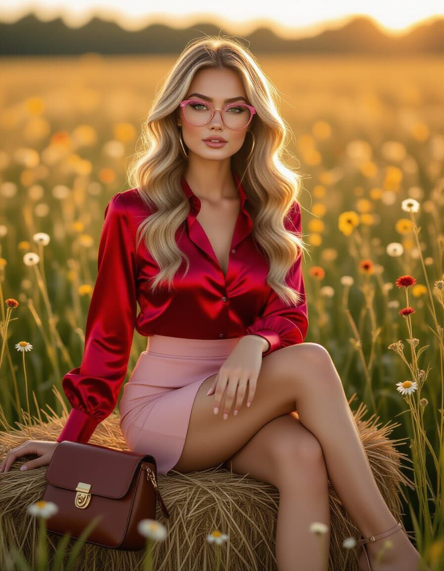 Woman in Crimson Shirt and Pink Skirt in Hayfield
