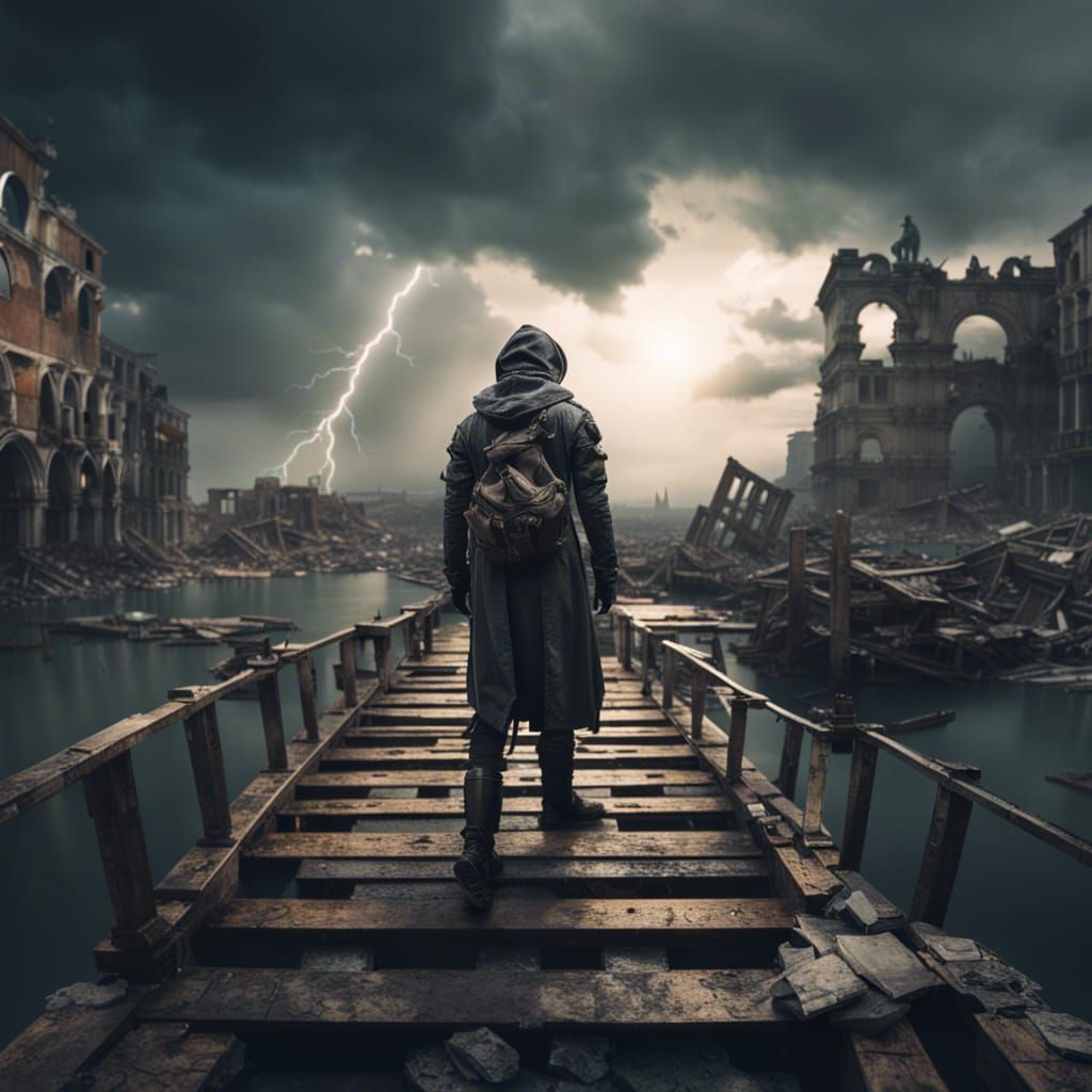 Post-Apocalyptic Venice Panorama with Time Traveler