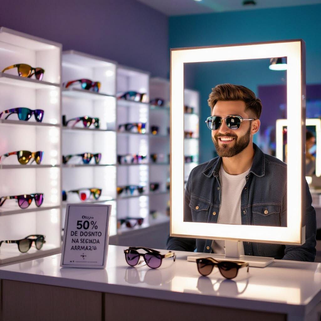 Bright Optical Store Counter Displaying Modern Eyeglasses