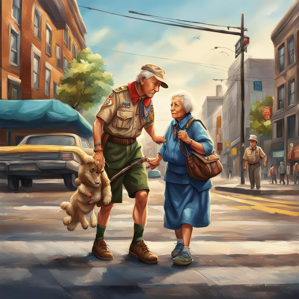 Boy Scout Helping Elderly Woman: Hyperrealistic Concept Art