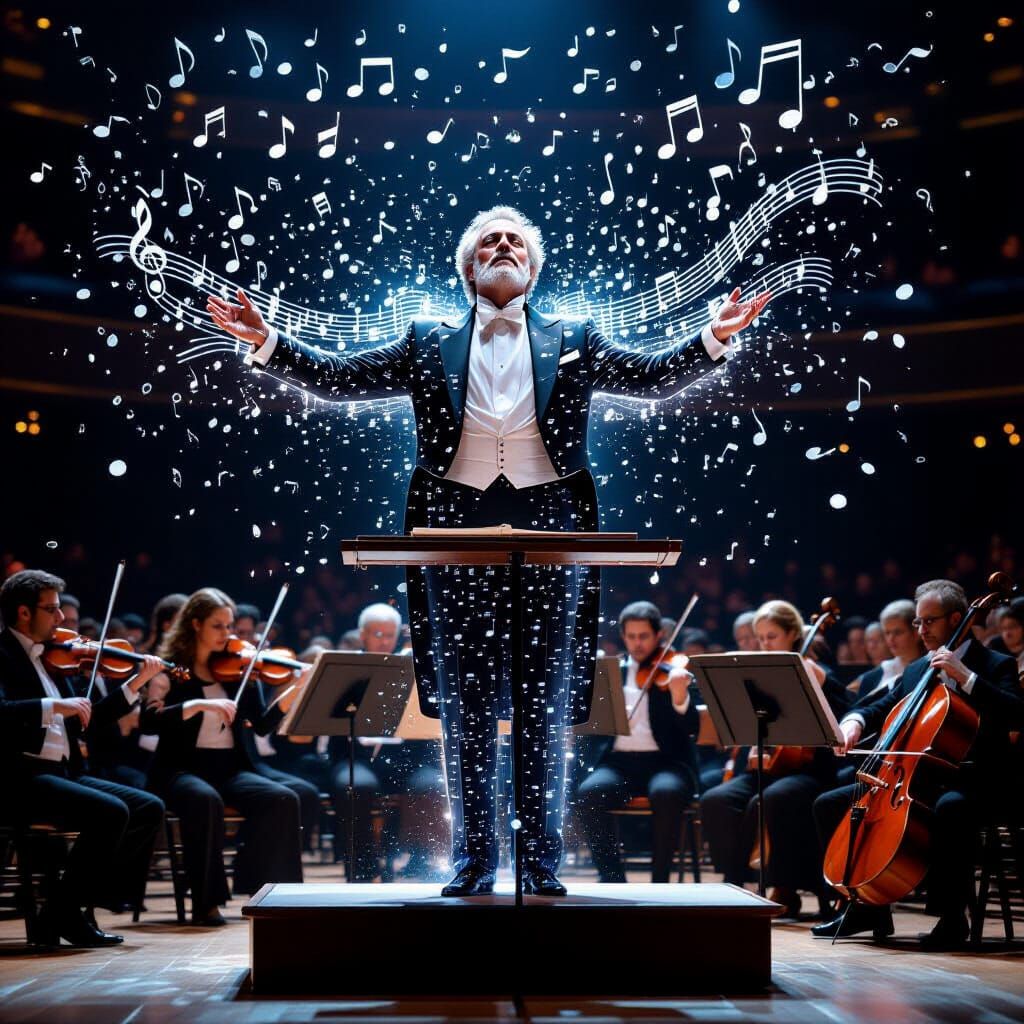 Ethereal Conductor Made of Musical Notes Leads Orchestra