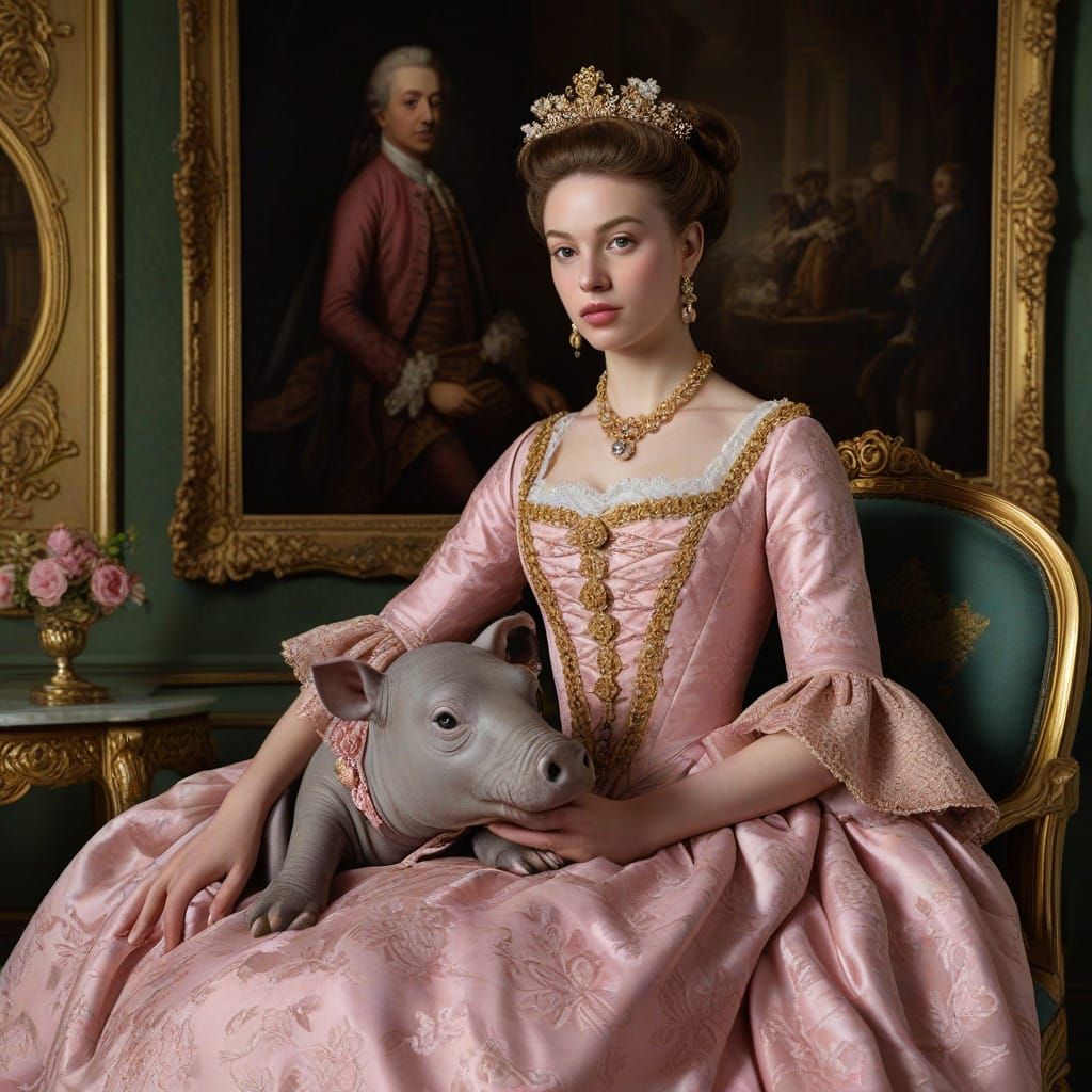 Regal Princess with Baby Hippo in Lavish 18th-Century Palace...