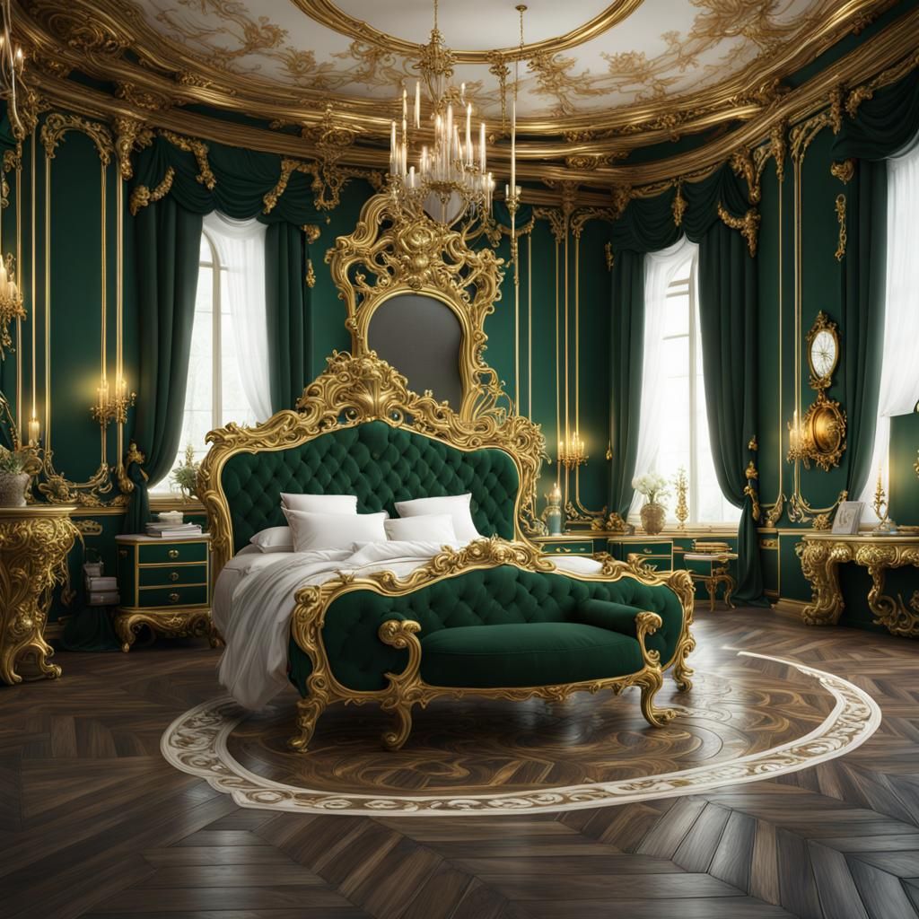 Rococo Royal Bedroom in Dark Green and Gold