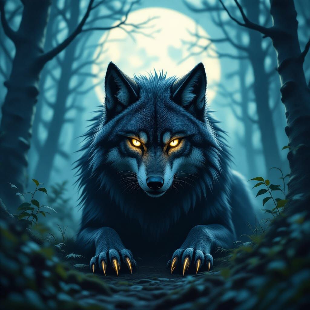 Mystical Wolf-Cat Creature in Dark Forest