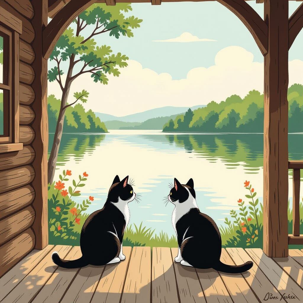 Cats Relaxing by Lake Cabin, Illustrated Style