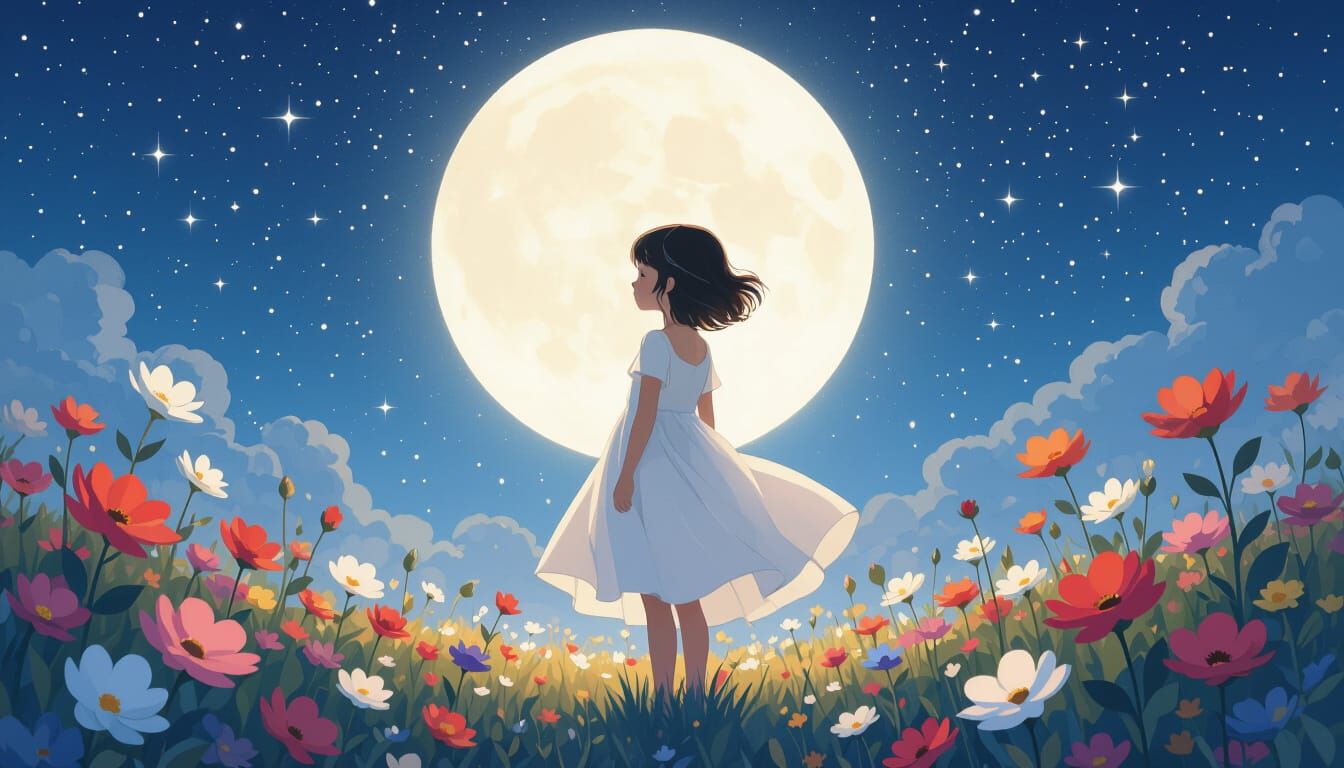 Girl with Flowers under Moonlit Sky Digital Art