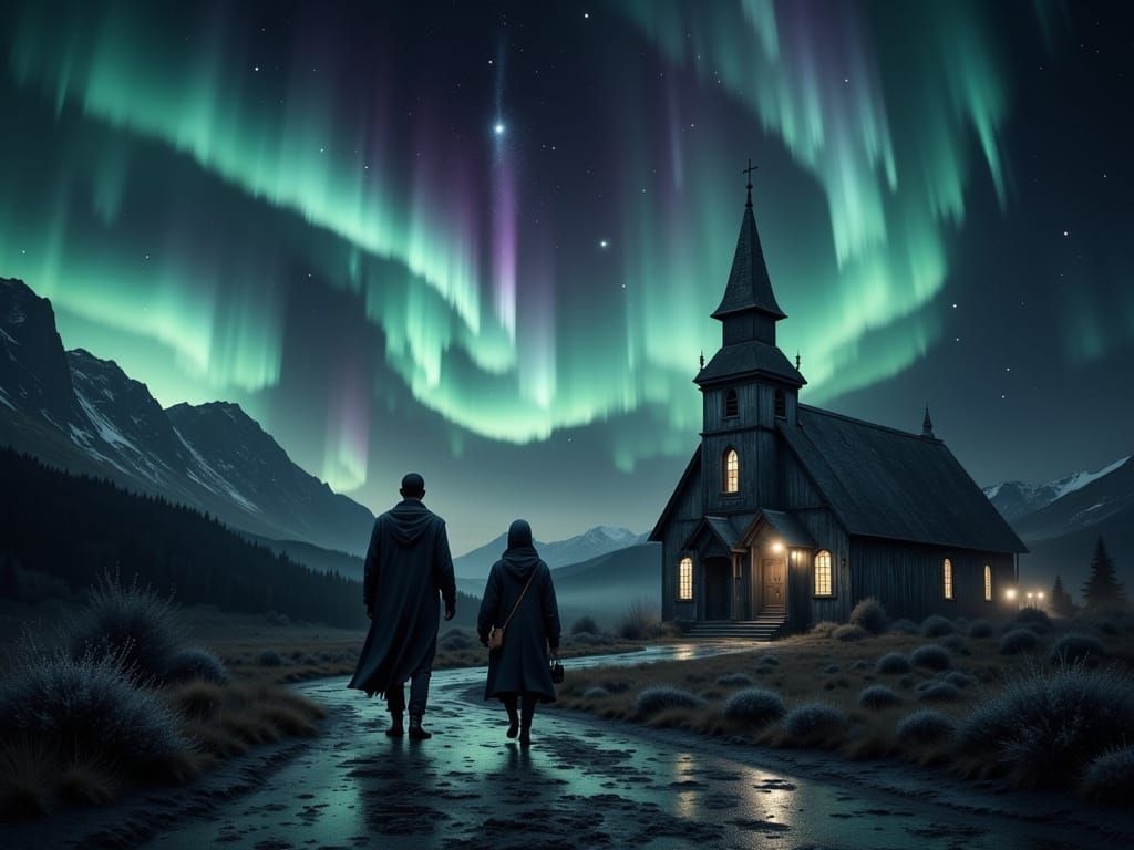 Couple Watches Northern Lights Near Church