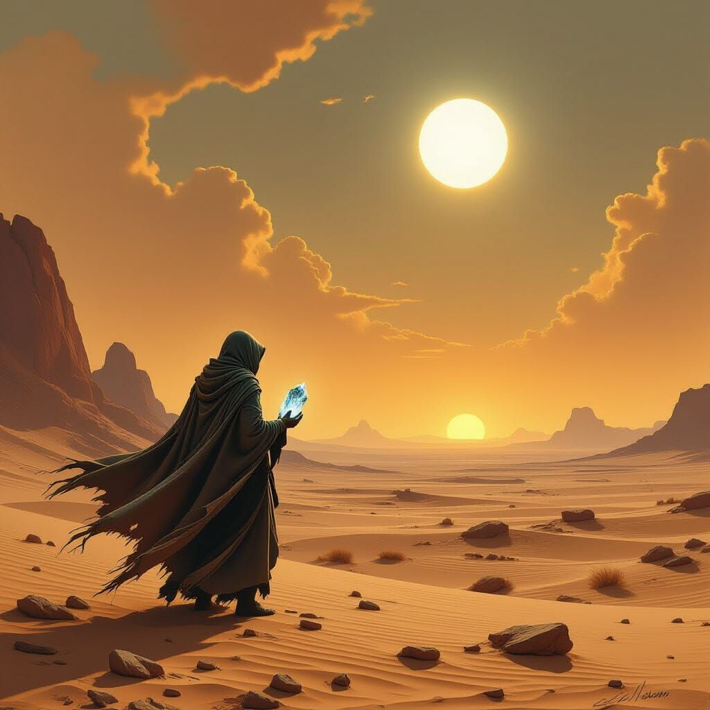Alien Desert Wanderer Under Binary Sunset