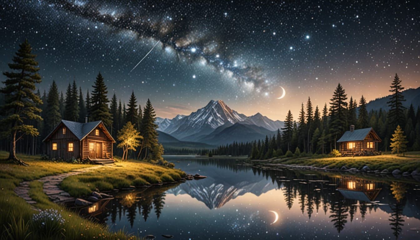 Cosmic Night Sky With Moonlit River and Cozy Cabin