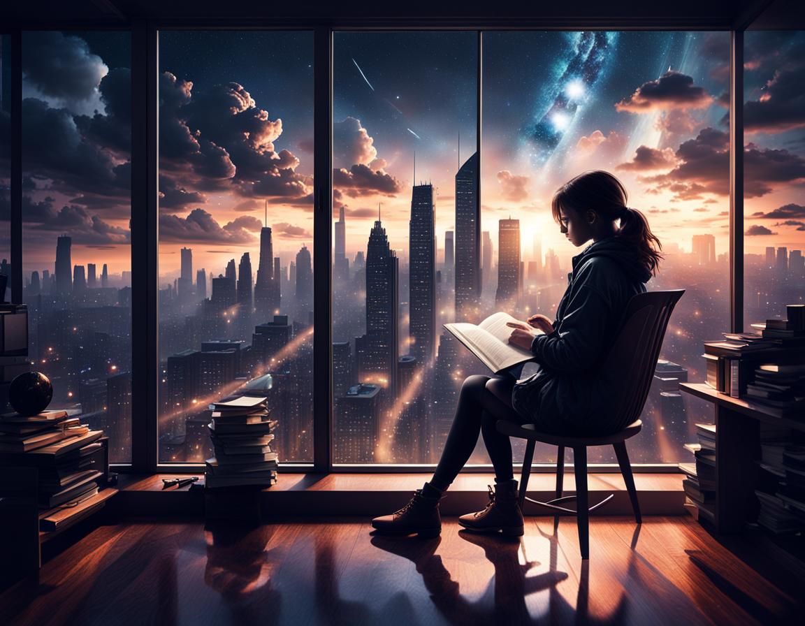 Girl Reading in Skyscraper Window at Night