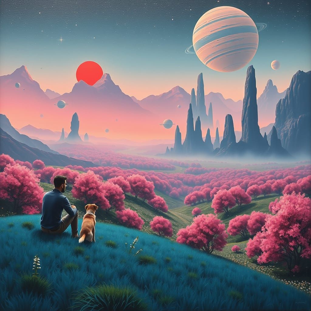 Retro-Futuristic Landscape Oil Painting with Alien Vista