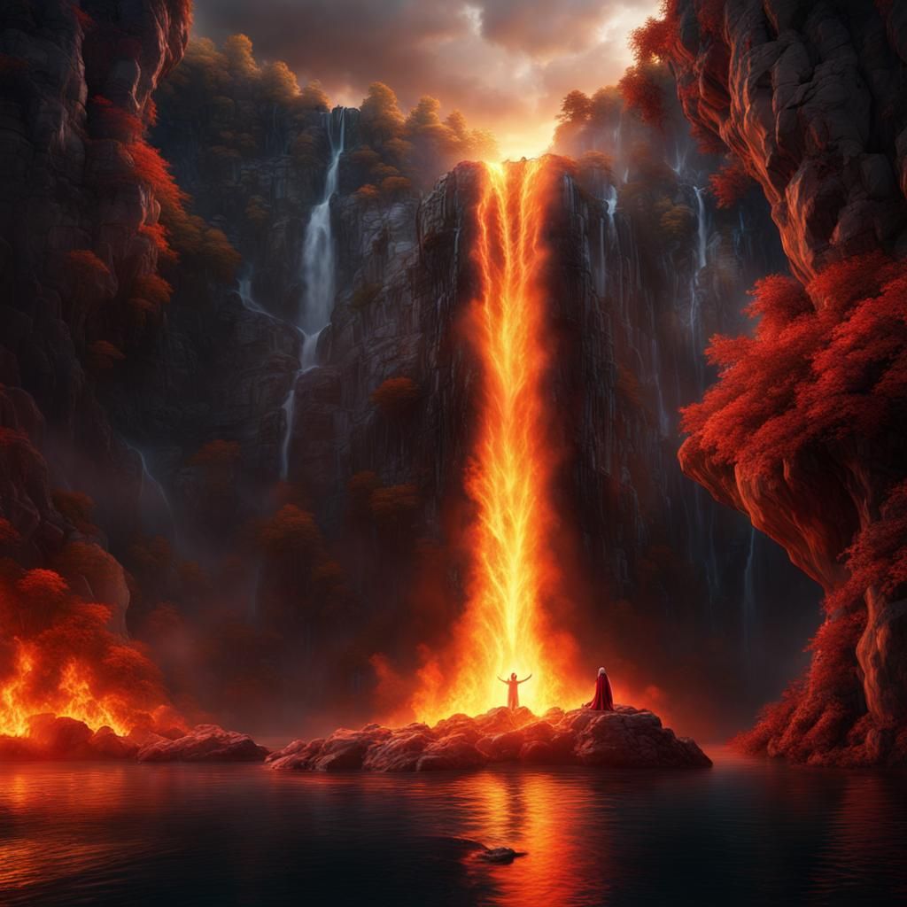 Fiery Waterfall Ignited by Blood: Hyperrealistic Fantasy