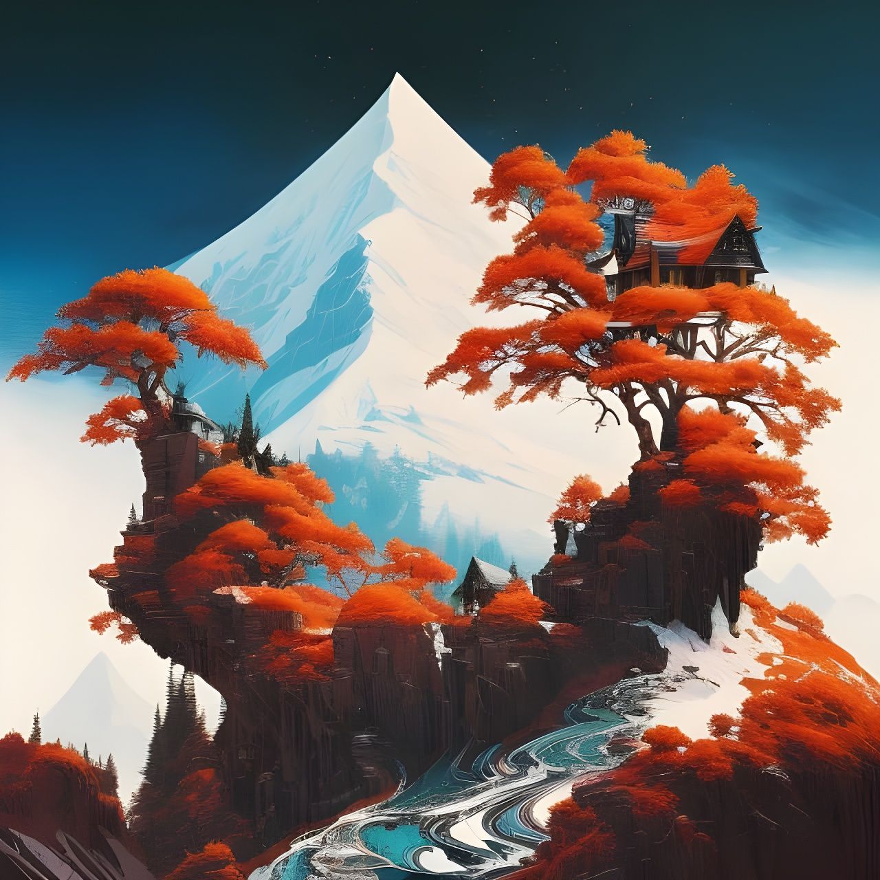 Snowy Mountain View: Hyperdetailed Gouache Illustration