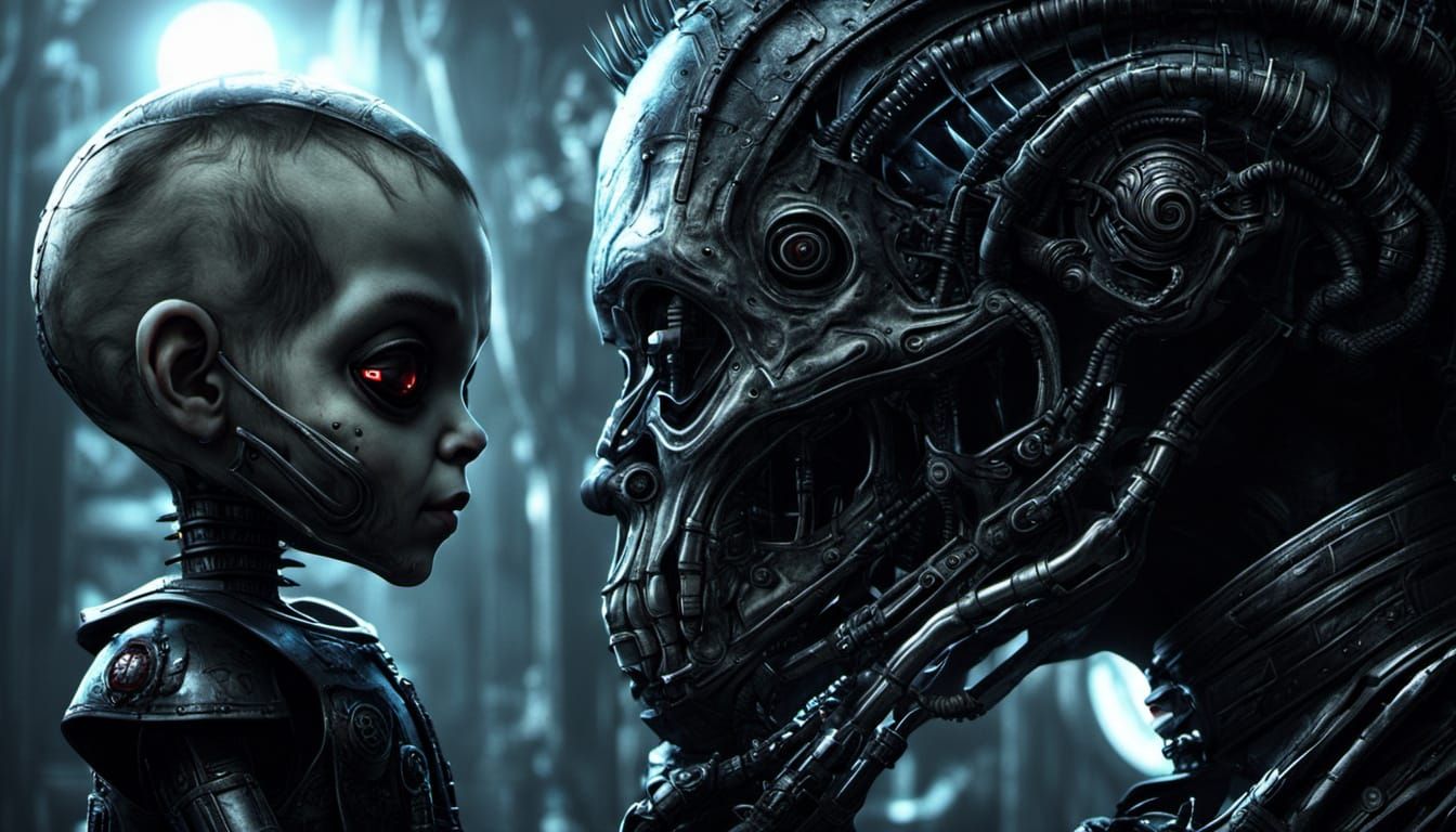 Biomechanical Villain with Doll in Giger Style