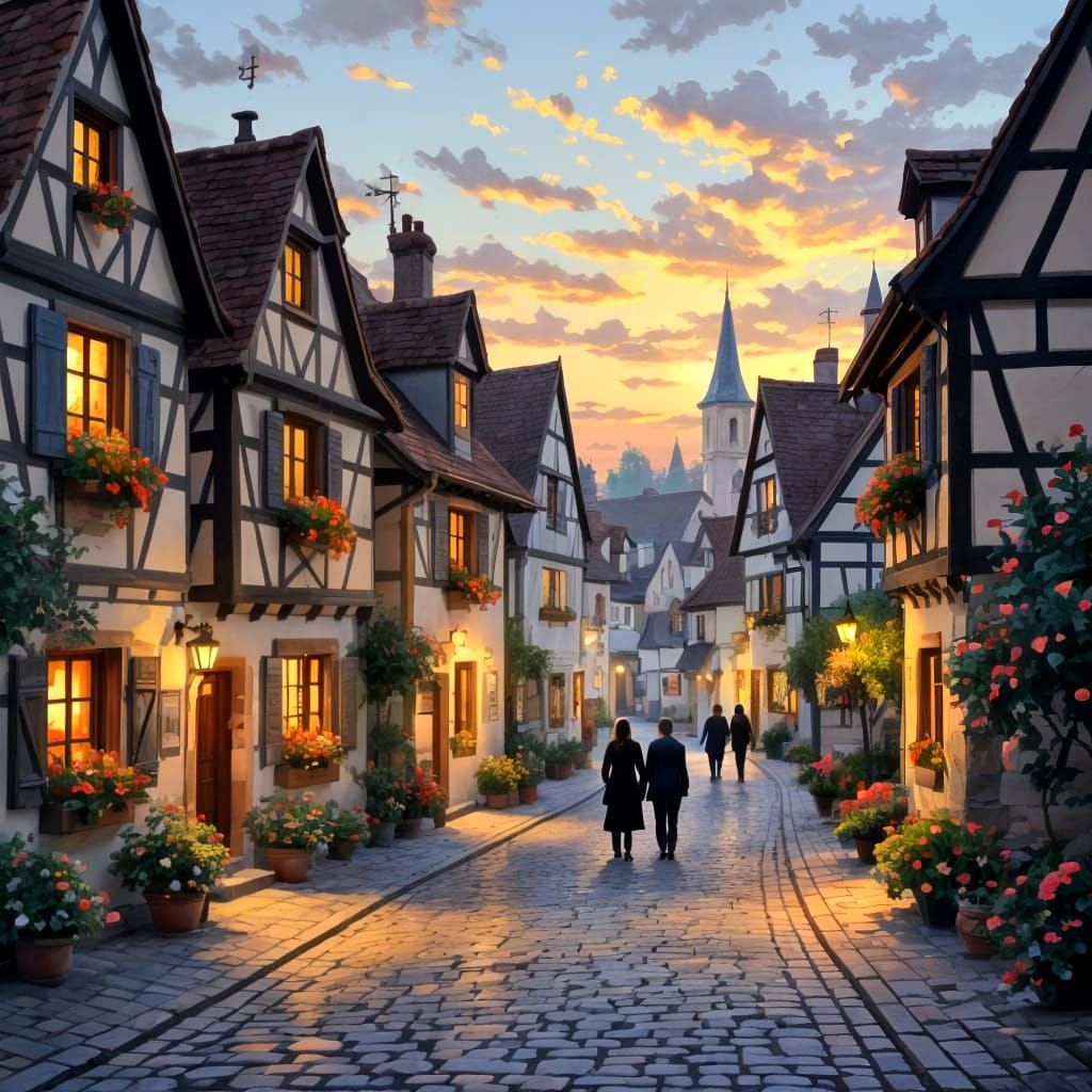 Impressionist Village Square at Dusk