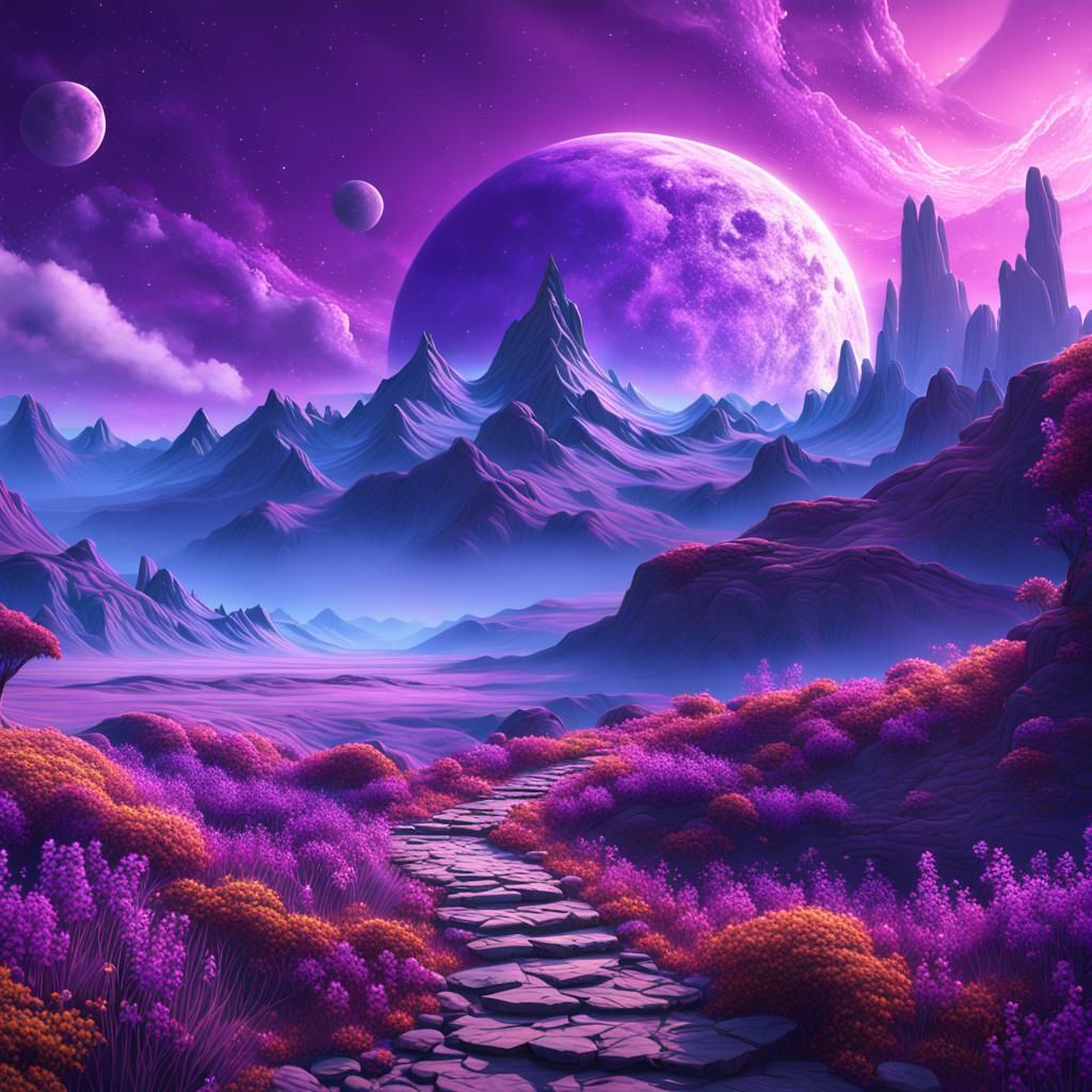 Violet Celestial Landscape: Fantasy Concept Art