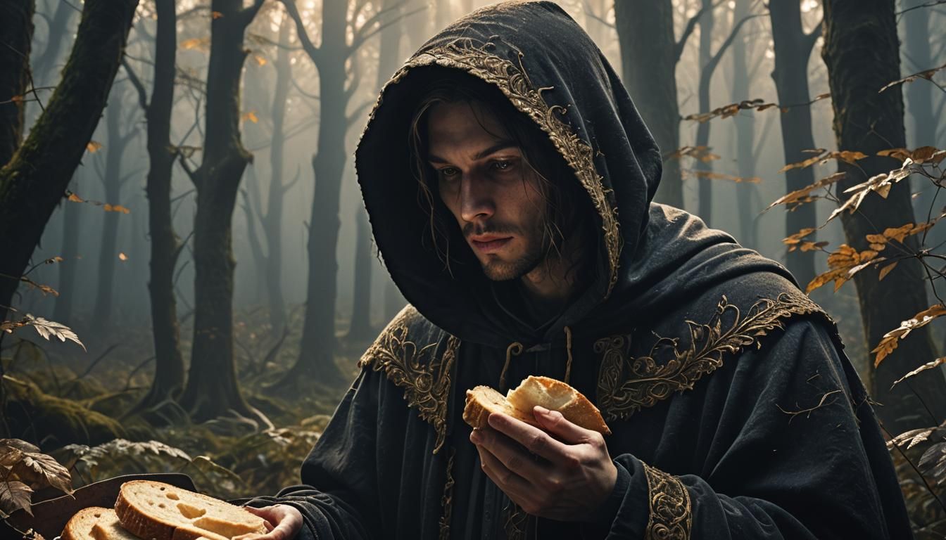 Mysterious Figure Savoring Bread in Enchanted Forest