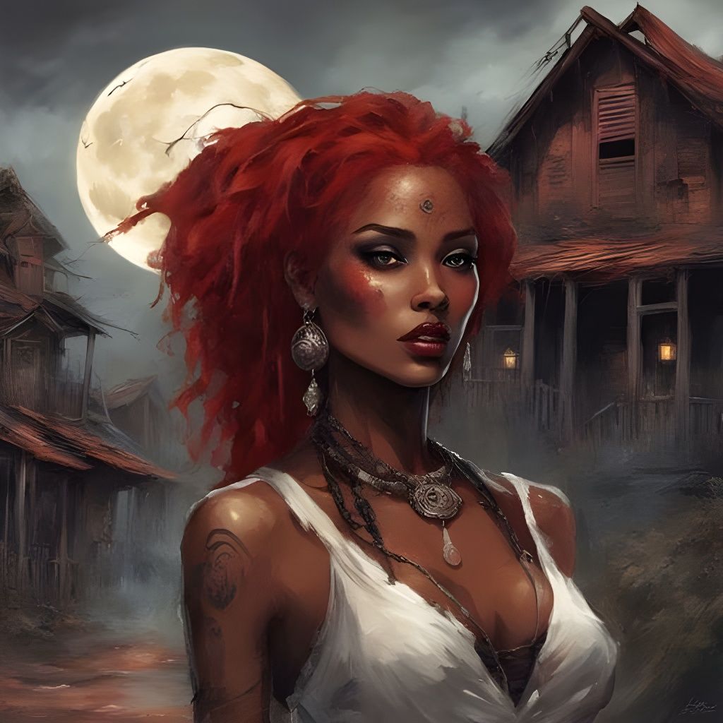 Stunning Red-Haired Beauty Under Creepy Moon
